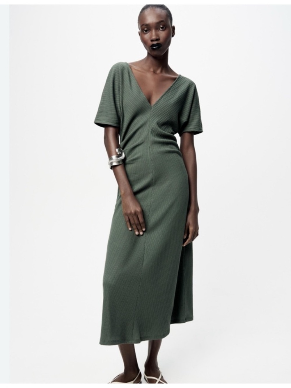 Zara Olive Green Wrap-Style Midi Dress